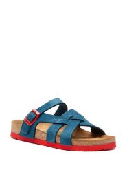 Comfortfusse Skórzane klapki w kolorze niebiesko-czerwonym rozmiar: 39. Czerwone klapki damskie Comfortfüße, bez wzorów, z nubiku, z otwartym noskiem, bez obcasa, bez zapięcia. Za 231.68 zł.