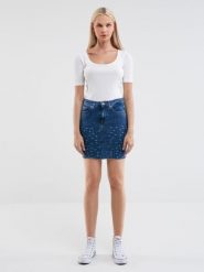 Spódnica damska mini jeansowa niebieska Aida 324. Niebieskie spódnice damskie Big Star, z aplikacjami, z jeansu, retro, mini. W wyprzedaży za 29.99 zł.