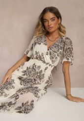 Szara Rozkloszowana Sukienka z Wiązaniem w Kwiatowy Wzór Jeloiti. Szare sukienki damskie Renee, bez wzorów, eleganckie, bez ramiączek. W wyprzedaży za 83.99 zł.