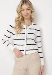 Biały Kardigan w Paseczki z Eleganckimi Guziczkami Myrth. Białe kardigany damskie Born2be, m, bez wzorów, z jeansu. Za 129.99 zł.