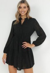 Czarna Rozkloszowana Sukienka ze Sznurkiem w Pasie Juna. Czarne sukienki damskie Born2be, bez wzorów, eleganckie, bez ramiączek. Za 209.99 zł.