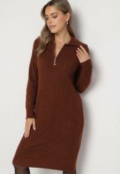 Brązowa Sweterkowa Sukienka Pudełkowa z Bawełną i Wełną Ozdobiona Suwakiem Reimia. Brązowe sukienki damskie Born2be, bez wzorów, z bawełny, klasyczne, bez ramiączek. Za 79.99 zł.