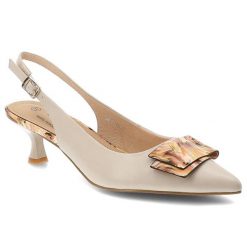 Czółenka damskie S.Barski, slingback ze skóry naturalnej z ozdobną aplikacją dekoracyjnym obcasem i regulowanym paskiem, beżowe, LZ61-2006. Brązowe czółenka damskie S.BARSKI, z aplikacjami, ze skóry, bez obcasa. Za 233.90 zł.