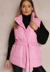 Różowa Kamizelka Pikowana z Wiązanym Paskiem z Ekoskóry Sotochus. Czerwone kamizelki damskie Renee, l, bez wzorów, bez kaptura. Za 229.99 zł.