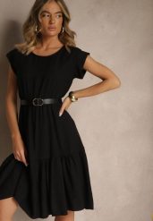 Czarna Rozkloszowana Sukienka z Wiskozy Linurea. Czarne sukienki damskie Renee, bez wzorów, z wiskozy, eleganckie, bez ramiączek. W wyprzedaży za 75.99 zł.