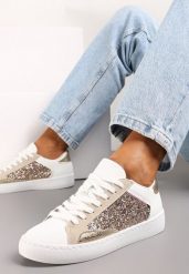 Biało-Złote Sneakersy na Płaskiej Podeszwie z Ozdobnymi Wstawkami i Brokatem Jivina. Białe obuwie sportowe damskie Renee, bez zapięcia, tenisowe. Za 74.99 zł.