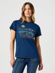 WRANGLER DAMSKA KOSZULKA WRANGLER GRAPHIC TEE NAVY 112356432. Niebieskie bluzki damskie Wrangler, l, bez wzorów, bez kołnierzyka, bez ramiączek. Za 89.99 zł.
