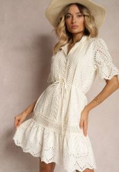 Jasnobeżowa Sukienka Boho z Bawełny Ozdobiona Ażurowym Wzorem Falbaną i Przewiązana Paskiem Nelah. Brązowe sukienki damskie Renee, w ażurowe wzory, z bawełny, boho, bez ramiączek. W wyprzedaży za 159.99 zł.