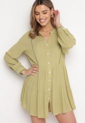Zielona Koszulowa Sukienka w Stylu Boho z Rozkloszowanym Dołem Liorda. Zielone sukienki damskie Born2be, bez wzorów, boho, bez ramiączek. Za 109.99 zł.