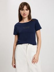Cross Jeans Koszulka w kolorze granatowym rozmiar: L. Niebieskie bluzki damskie Cross Jeans, l, bez wzorów, z bawełny, bez kołnierzyka, bez ramiączek. Za 52.67 zł.