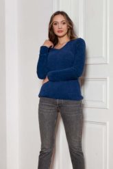 Sweter z Dekoltem w Szpic - Granatowy. Niebieskie swetry klasyczne damskie Lanti, l, z materiału, bez kołnierzyka. Za 229.90 zł.