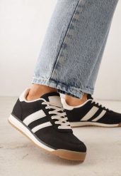 Czarne Sneakersy Ozdobione z Boku Paskami Ariene. Czarne obuwie sportowe damskie Renee, z jeansu, bez zapięcia. Za 99.99 zł.