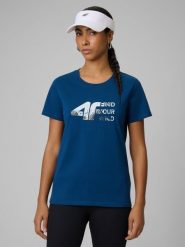 4F T-shirt regular z nadrukiem damski - turkusowy M. Niebieskie t-shirty damskie 4F, m, bez wzorów, z bawełny, bez kołnierzyka. W wyprzedaży za 29.99 zł.