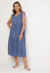Niebieska Bawełniana Sukienka Ozdobiona Falbankami Aveliova. Niebieskie sukienki damskie Born2be, bez wzorów, z bawełny, eleganckie, bez ramiączek. Za 69.99 zł.