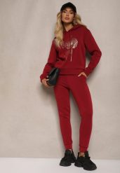 Bordowy Ocieplany Komplet Dresowy z Bawełny Spodnie i Bluza Sevida. Czerwone bluzy damskie Renee, m, z aplikacjami, z bawełny, bez kaptura. Za 84.99 zł.