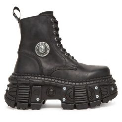 Botki NEW ROCK. Czarne botki damskie NEW ROCK, rockowe, bez obcasa, na koturnie, bez zapięcia. Za 1,229.00 zł.