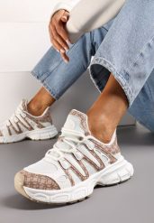 Ciemnobeżowe Sneakersy Ozdobione Tłoczeniem i Wstawkami Keladavia. Brązowe obuwie sportowe damskie Renee, z jeansu, bez zapięcia. Za 84.99 zł.