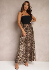 Brązowa Rozkloszowana Spódnica w Panterkę High Waist z Marszczeniem w Pasie Nolisea. Brązowe spódnice damskie Renee, m, bez wzorów, z materiału, maxi. Za 89.99 zł.