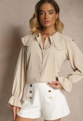 Beżowa Koszula Ozdobiona Falbankami i Kołnierzykiem Evirana. Brązowe koszule damskie Renee, uniwersalny, z aplikacjami, z jeansu, eleganckie, bez kołnierzyka, bez ramiączek. Za 69.99 zł.