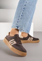 Ciemnobrązowe Sneakersy Tenisówki ze Skóry Naturalnej z Geometrycznym Motywem Haleria. Brązowe trampki damskie Born2be, bez wzorów, ze skóry, bez zapięcia. Za 219.99 zł.