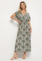 Zielona Sukienka w Etno Wzór z Falbankami i Gumką w Pasie Ellivira. Zielone sukienki damskie Born2be, bez wzorów, eleganckie, bez ramiączek. Za 79.99 zł.