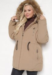 Ciemnobeżowa Kurtka Parka Ocieplana z Troczkami i Odpinanym Kapturem Innorina. Brązowe kurtki damskie Born2be, xl, z jeansu. Za 309.99 zł.