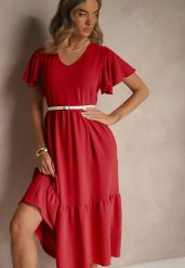Czerwona Rozkloszowana Sukienka z Wiskozą w Casualowym Stylu Filarenna. Czerwone sukienki damskie Renee, bez wzorów, z wiskozy, eleganckie, bez ramiączek. W wyprzedaży za 63.99 zł.
