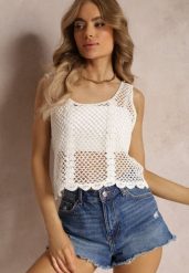 Biała Bawełniana Bluzka Top w Szydełkowym Stylu Aphia. Białe bluzki damskie Renee, bez wzorów, z bawełny, bez kołnierzyka, bez ramiączek. Za 49.99 zł.