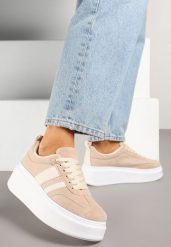Ciemnobeżowe Sneakersy w Stylu Klasycznych Tenisówek na Grubej Podeszwie Rediree. Brązowe obuwie sportowe damskie Born2be, z jeansu, bez zapięcia, tenisowe. Za 79.99 zł.