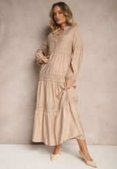 Ciemnobeżowa Wiskozowa Sukienka o Rozkloszowanym Kroju z Koronką Gonalorin. Brązowe sukienki damskie Renee, z aplikacjami, z koronki, eleganckie, bez ramiączek. W wyprzedaży za 127.99 zł.