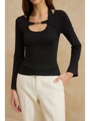 Trendyol Bluzka w kolorze czarnym rozmiar: L. Czarne bluzki damskie Trendyol, l, bez wzorów, bez kołnierzyka, bez ramiączek. Za 39.99 zł.
