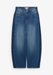Dżinsy typu barrel, high waist, skrócona długość. Niebieskie jeansy damskie bonprix, z podwyższonym stanem. Za 169.99 zł.