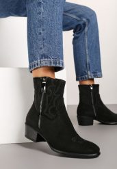Czarne Botki Kowbojki z Delikatnym Haftem na Słupku Malwida. Czarne botki damskie Renee, z jeansu, eleganckie, bez obcasa, na obcasie, bez zapięcia. Za 139.99 zł.