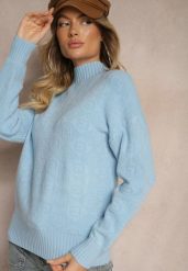Niebieski Golf Sweter z Tłoczeniem i Ściągaczami Melovira. Niebieskie golfy damskie Renee, z aplikacjami, z jeansu, bez ramiączek. Za 79.99 zł.