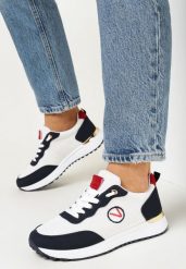 Biało--Granatowe Sneakersy z Metalicznymi Wstawkami i Drobnym Haftem c. Białe obuwie sportowe damskie Born2be, przed kostkę, bez zapięcia. Za 39.99 zł.