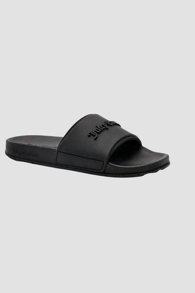 JUICY COUTURE Czarne klapki damskie Embossed Slider, Rozmiar 38. Czarne klapki damskie Juicy Couture, bez wzorów, bez obcasa, bez zapięcia. W wyprzedaży za 129.99 zł.
