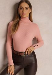 Różowy Golf z Prążkowanej Dzianiny Mesha. Czerwone golfy damskie Renee, m, z aplikacjami, z dzianiny, bez ramiączek. Za 34.99 zł.