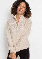 Sweter ze stójką w ażurowy wzór. Brązowe swetry klasyczne damskie bonprix, bez kołnierzyka. Za 149.99 zł.