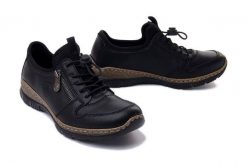RIEKER N32G0-00 black, półbuty damskie. Niebieskie półbuty damskie Rieker, bez wzorów, bez obcasa, bez zapięcia. Za 369.90 zł.