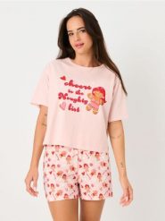 Świąteczna piżama dwuczęściowa z motywem pierniczków - różowy. Czerwone piżamy damskie Sinsay, bez wzorów, bez ramiączek. Za 39.99 zł.