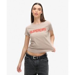 Dopasowana koszulka z logo odzieży sportowej. Brązowa koszulki sportowe damskie Superdry, l, bez wzorów, bez ramiączek. Za 122.50 zł.