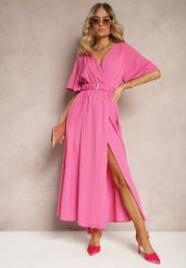 Różowa Kopertowa Sukienka z Gumką w Talii i Paskiem Amperi. Czerwone sukienki damskie Renee, bez wzorów, eleganckie, bez ramiączek. W wyprzedaży za 63.99 zł.