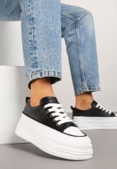 Czarno-Białe Trampki na Grubej Podeszwie z Tłoczeniami Tirlima. Czarne trampki damskie Born2be, bez wzorów, z jeansu, bez zapięcia. Za 44.99 zł.