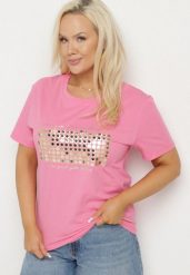 Różowy T-shirt Bawełniany Ozdobiony Cekinami Lirenell. Czerwone t-shirty damskie Born2be, xl, bez wzorów, z bawełny, bez kołnierzyka. Za 39.99 zł.