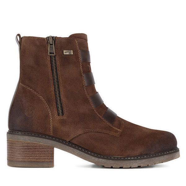 Trzewiki Remonte. Brązowe botki damskie Remonte, bez obcasa, na słupku, bez zapięcia. Za 342.99 zł.