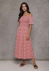 Czerwona Sukienka Hiszpanka z Bawełny w Roślinny Print Podkreślająca Talię Kradli. Czerwone sukienki damskie Renee, bez wzorów, z bawełny, boho, bez ramiączek. Za 59.99 zł.