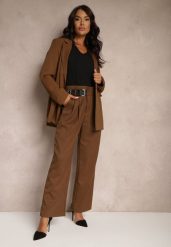 Brązowe Szerokie Spodnie Garniturowe z Wiskozą High Waist Ozdobione Paskiem Elowanda. Brązowe spodnie materiałowe damskie Renee, bez wzorów, z jeansu. Za 99.99 zł.