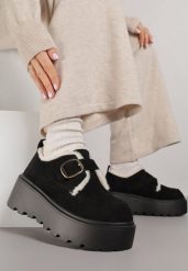 Czarne Śniegowce na Grubej Podeszwie z Paskiem z Klamerką i Futerkiem Uwedina. Czarne śniegowce damskie Born2be, z jeansu. Za 129.99 zł.