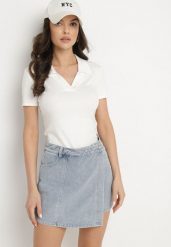 Jasnoniebieskie Jeansowe Spódnico-Szorty o Asymetrycznym Kroju z Ozdobnymi Przeszyciami Lisarennea. Niebieskie szorty damskie Born2be, bez wzorów, z jeansu. Za 139.99 zł.