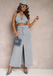 Jasnoniebieska Postrzępiona Spódnica Maxi z Jeansu z Rozcięciem Feedi. Niebieskie spódnice damskie Renee, m, bez wzorów, z jeansu, maxi. Za 69.99 zł.